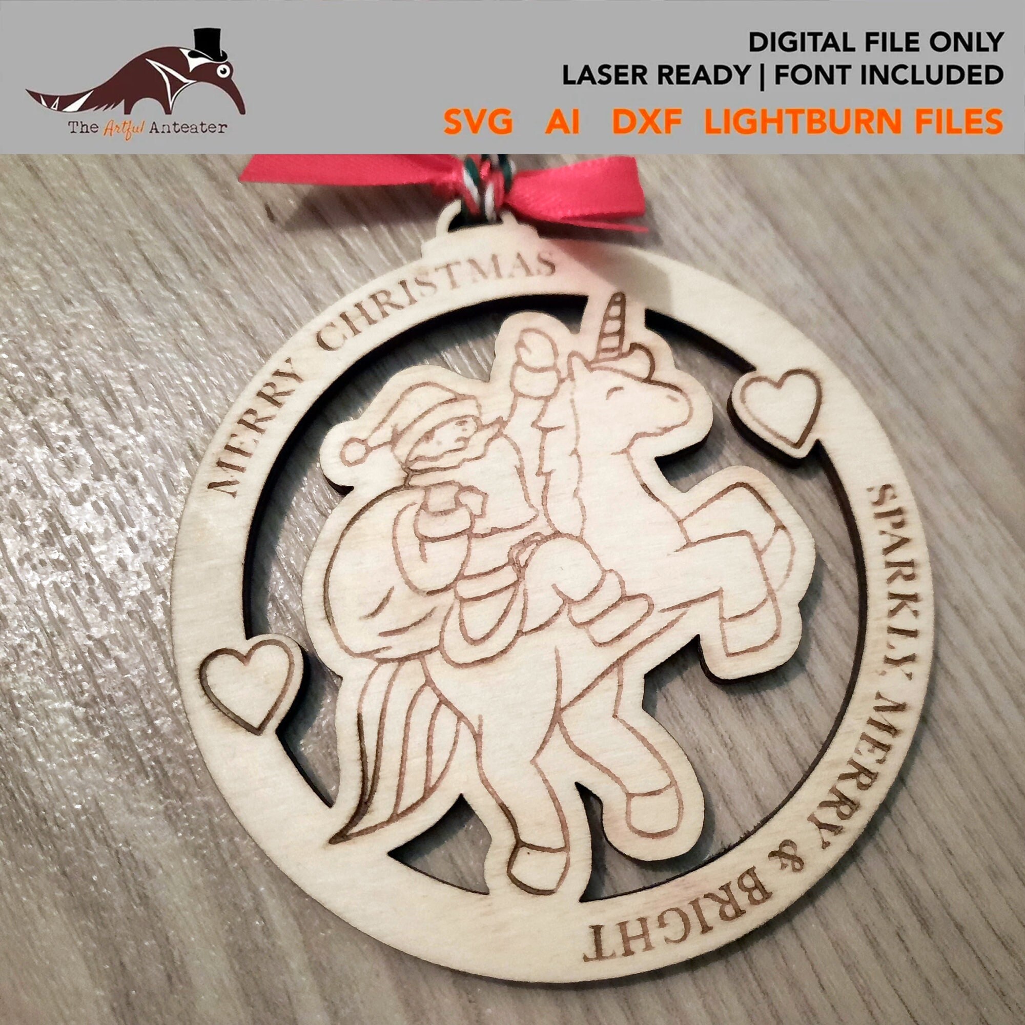 Christmas Unicorn Santa Tree Decoration Laser Ready Template SVG DXF Laser Cut Files