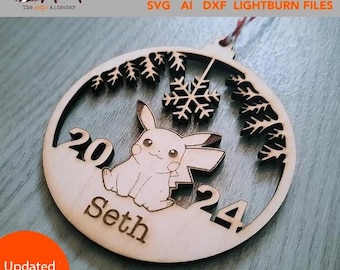 May include: A circular wooden ornament featuring a laser-cut design of a cartoon character with pointed ears, a snowflake, and pine branches. The text 20 and 24 flank the character, with the name Seth engraved below. This is a digital file only.