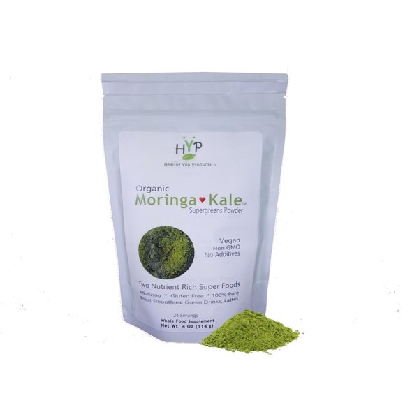 MORINGA & KALE Super Greens Powder -100% Pure  - 4 oz (114 g)   Organic, Nutrient Rich, Boost Energy, Metabolism, Immunity - Vegan, Non GMO,