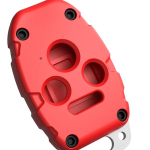 May include: A red multi-tool keychain with a bottle opener, a small screwdriver, and a pry bar. The tool has a textured surface and a silver metal hook.