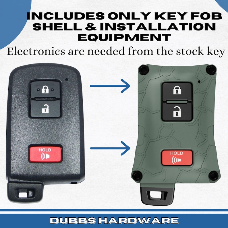 May include: A comparison of a black key fob and a green camouflage key fob shell. The black key fob has two buttons and a red "HOLD" button. The green shell has the same button layout. Text on the image reads "INCLUDES ONLY KEY FOB SHELL & INSTALLATION EQUIPMENT".