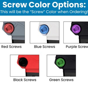May include: Image showcasing screw color options: red, blue, purple, black, and green. Each screw is displayed on a section of a tool or device, with the color name labeled below each screw.