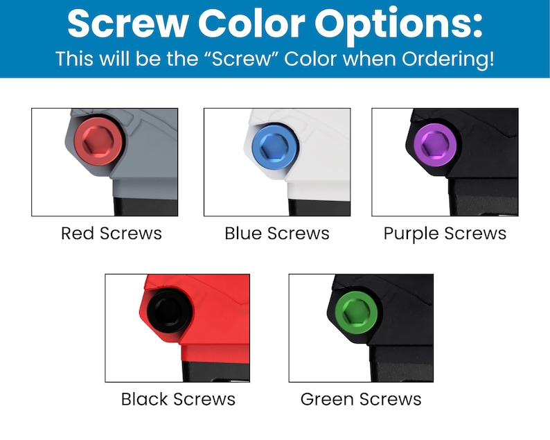 May include: Image showcasing screw color options: red, blue, purple, black, and green. Each screw is displayed on a section of a tool or device, with the color name labeled below each screw.