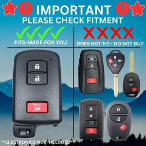 May include: Image of various car key fobs. The image includes the text "IMPORTANT PLEASE CHECK FITMENT" and "FITS-MADE FOR YOU" with checkmarks, and "DOES NOT FIT - DO NOT BUY" with X marks. The keys are black with red "HOLD" buttons.