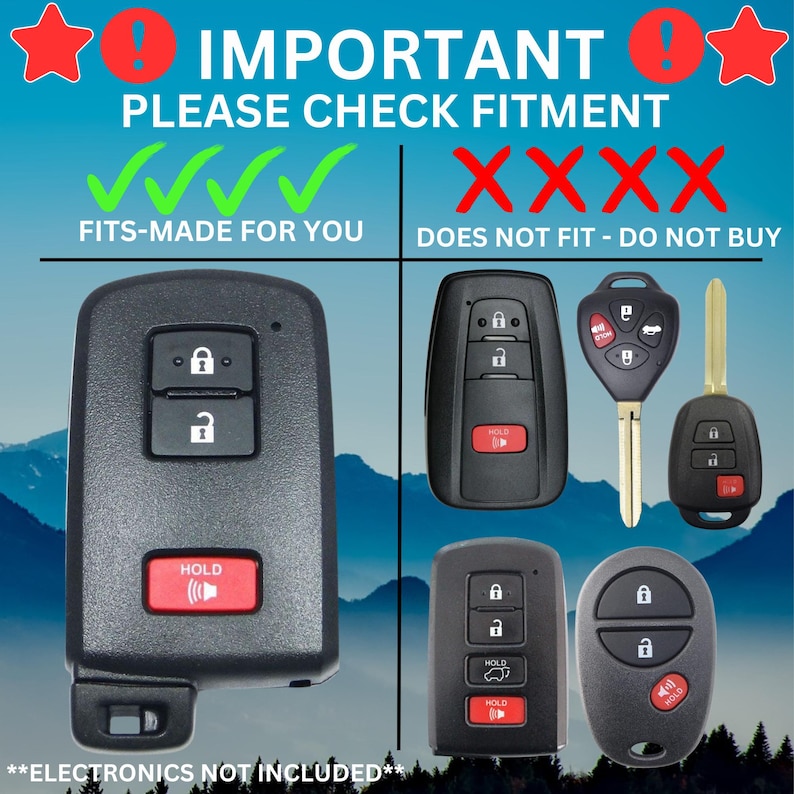 May include: Image of various car key fobs. The image includes the text "IMPORTANT PLEASE CHECK FITMENT" and "FITS-MADE FOR YOU" with checkmarks, and "DOES NOT FIT - DO NOT BUY" with X marks. The keys are black with red "HOLD" buttons.