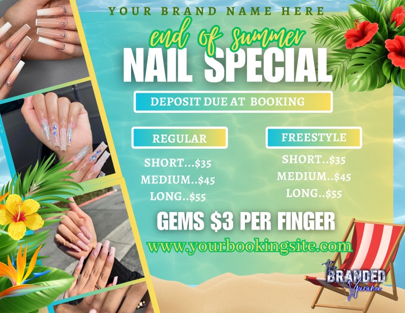 May include: End of Summer Nail Special promotion with a beach theme.  The ad features images of manicured nails with different designs and lengths.  The text includes prices for regular and freestyle nail services, with options for short, medium, and long lengths.  The ad also mentions a deposit due at booking and an additional charge for gems.