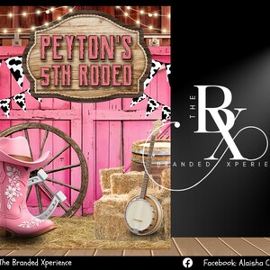 May include: A pink rodeo-themed backdrop with the text "Peyton's 5th Rodeo." The scene includes a pink cowboy boot, a horseshoe, a wagon wheel, a banjo, and hay bales. The background features a pink wooden door and cow-print banners.