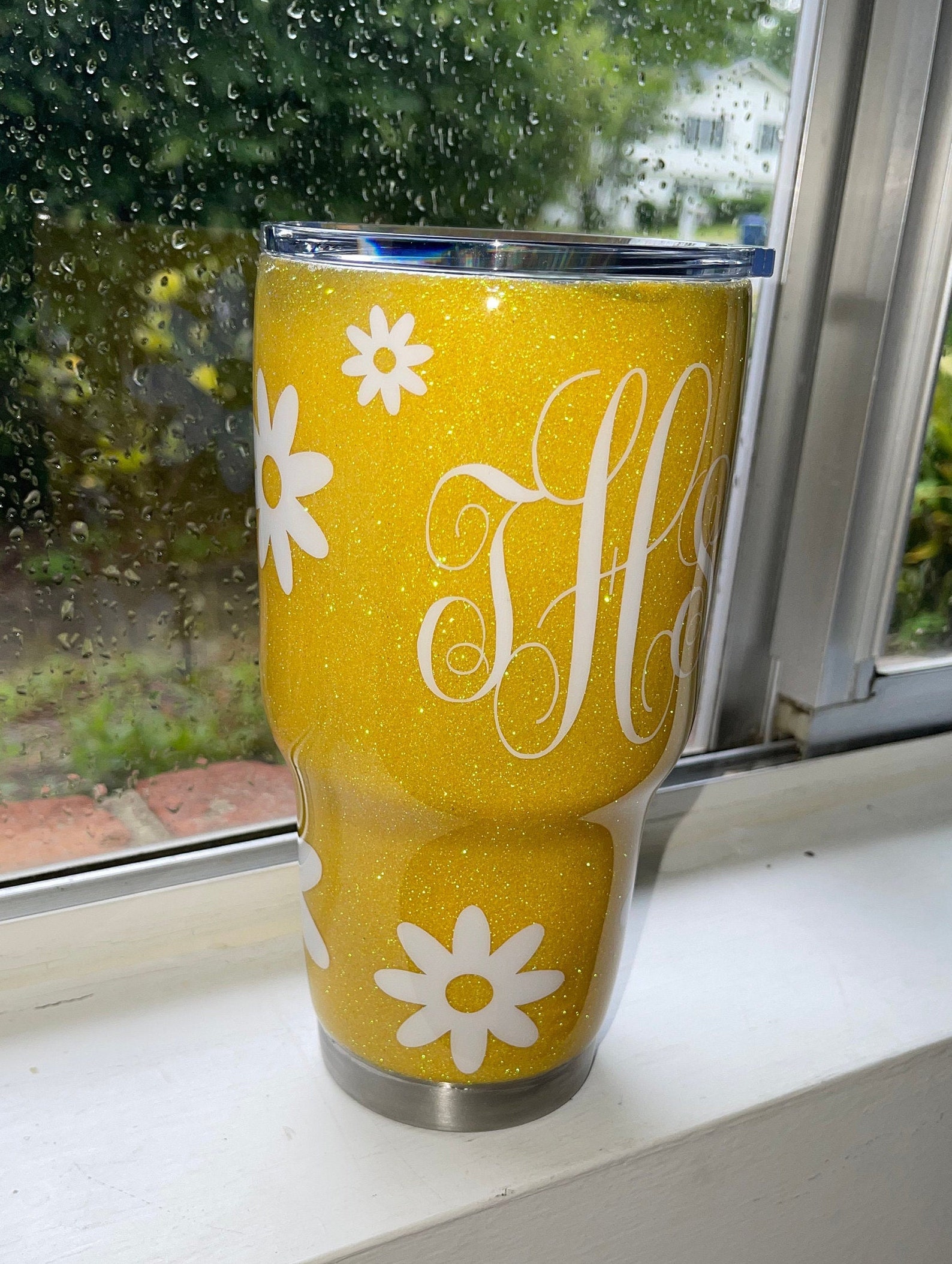 Glitter Flower Tumbler/ Monogramed Tumbler/ Yellow/ Flower Etsy UK