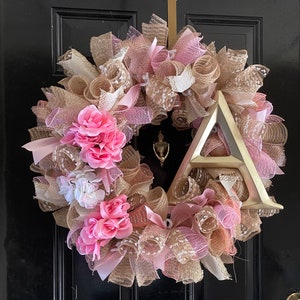 Pink Flower Burlap Wreath w/Initial
