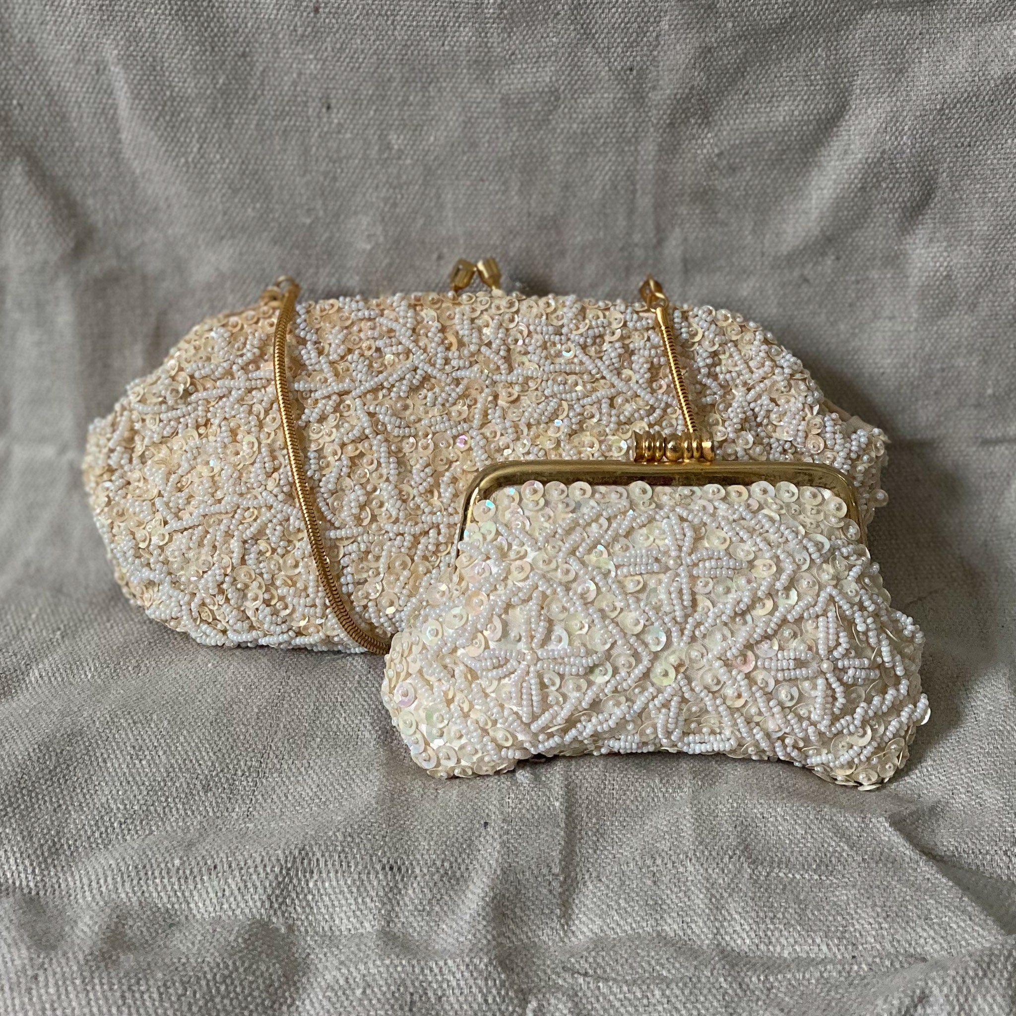 Vintage La Regale Made In Hong Kong Beaded Evening/Wedding Bag — White/Cream