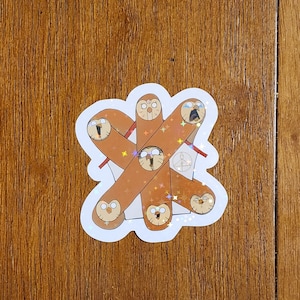May include: A white sticker with a brown owl design. The owl is depicted with multiple faces, each with a different expression. The sticker has a glittery finish and features a white background with brown stars.