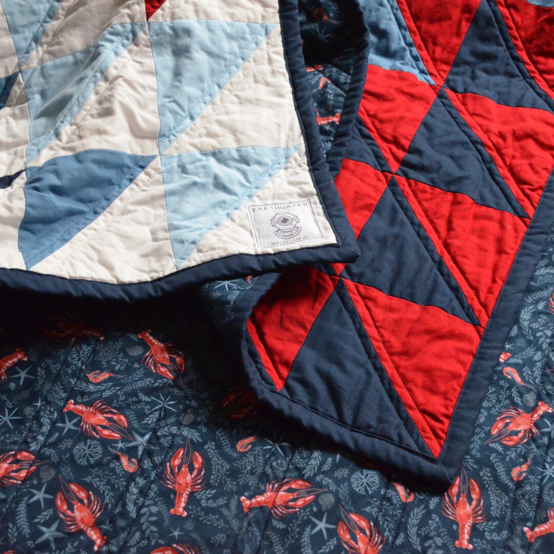 Lobsters Baby Quilt, Baby Quilt for Crib, Pieced Baby Blanket, Baby Quilt Boy, Baby Quilt Girl