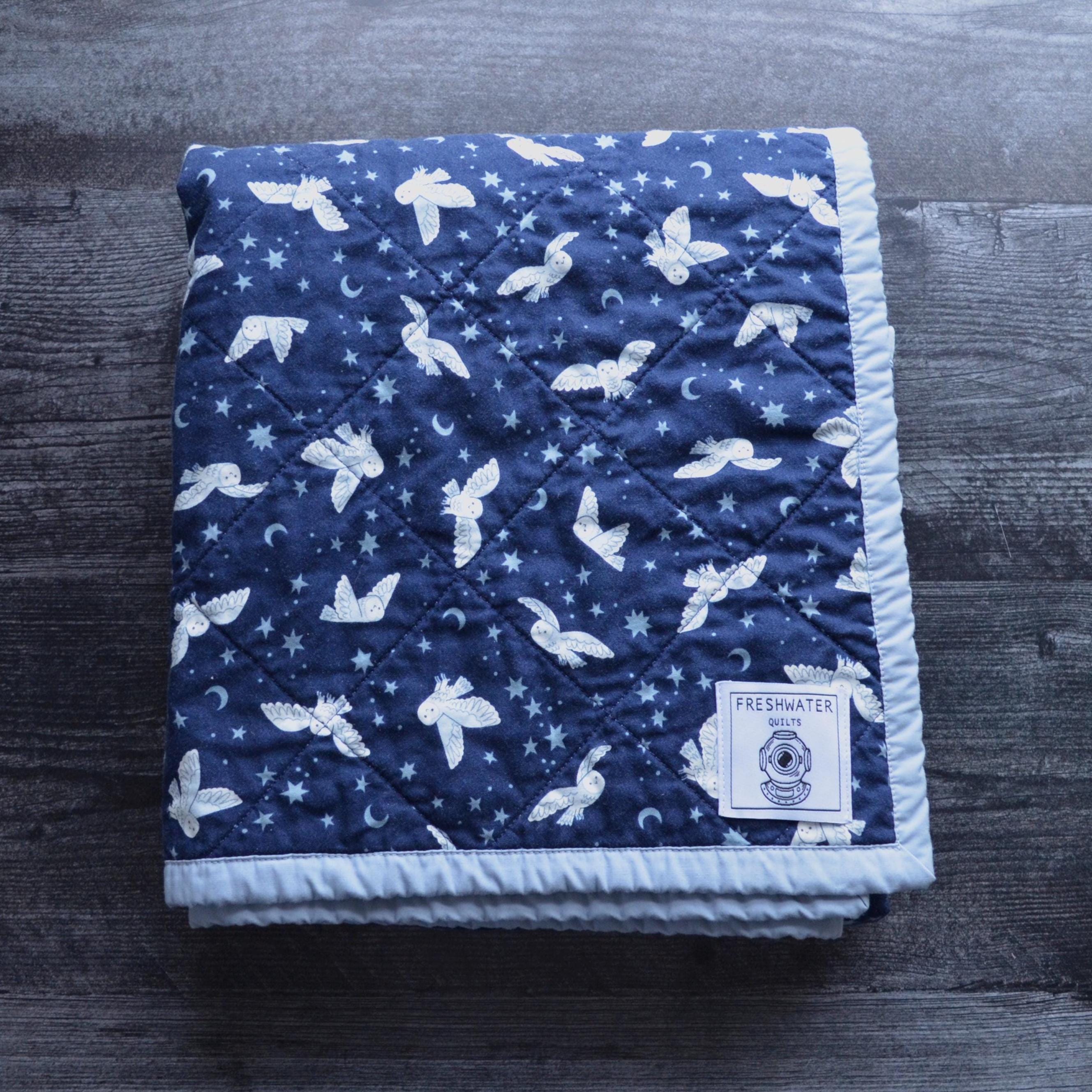Woodland Owl Baby Quilt, Magical Forest Nursery Blanket, Handmade Wholecloth Crib Quilt, Baby Boy Ne