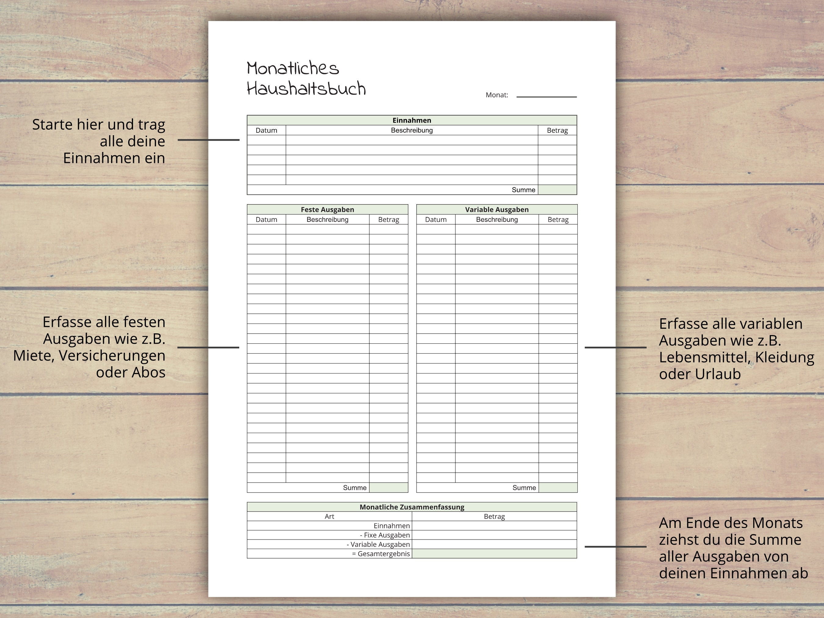 Haushaltsbuch Einnahmen Ausgaben Vorlage Zum Ausdrucken Monatliches Haushaltsbuch, PDF A4 Format, Haushaltsplan für Einnahmen