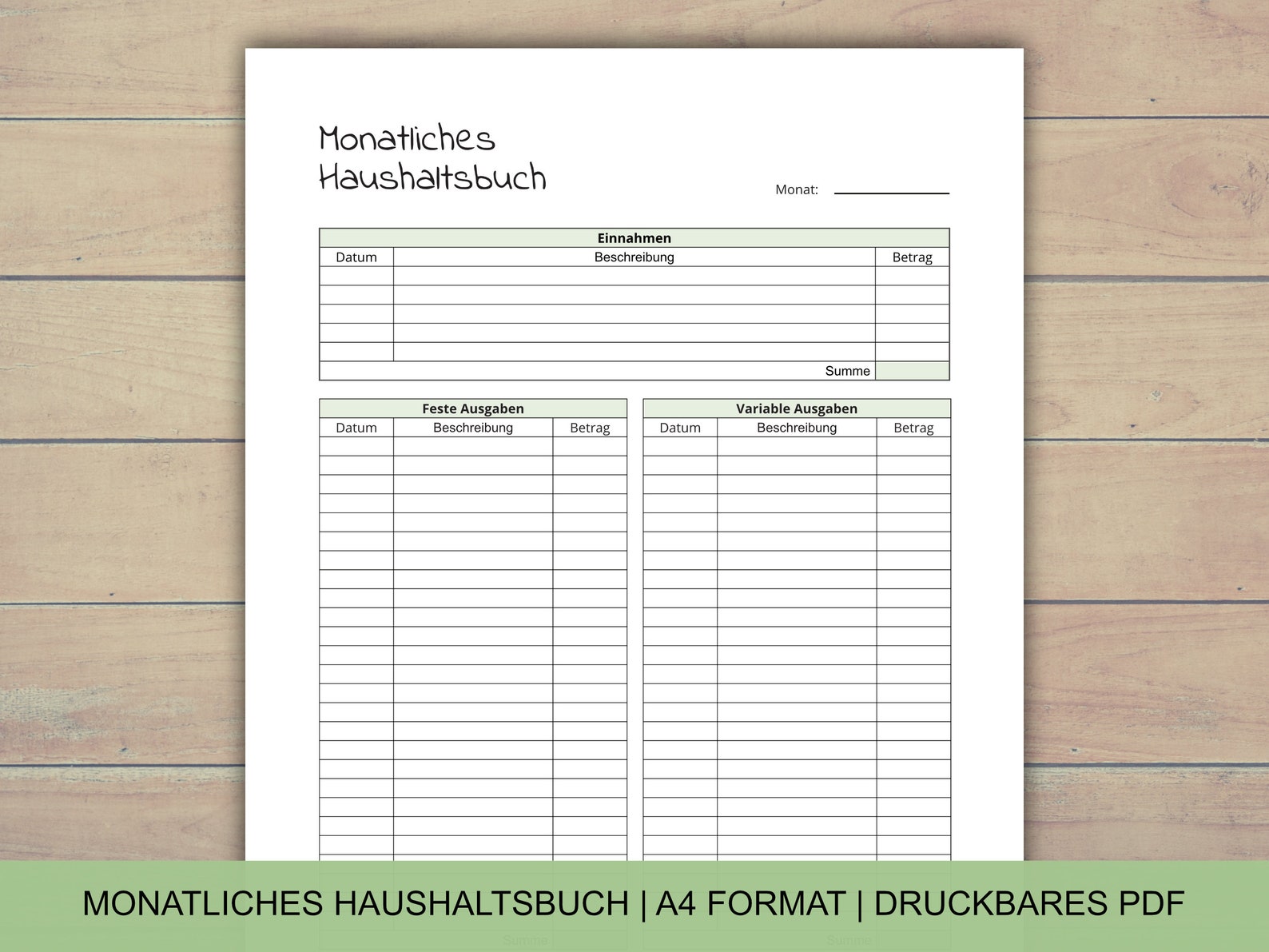 Monatliches Haushaltsbuch, PDF A4 Format, Haushaltsplan für Einnahmen
