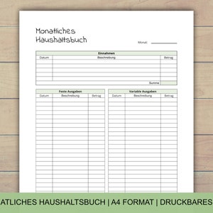 Könnte beinhalten: Ein druckbarer Haushaltsplan im PDF-Format. Das Dokument ist in drei Abschnitte unterteilt: Einnahmen, feste Ausgaben und variable Ausgaben. Jeder Abschnitt hat Spalten für Datum, Beschreibung und Betrag.