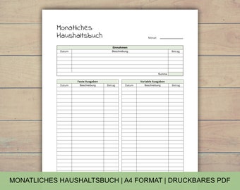 Monatliches Haushaltsbuch, PDF A4 Format, Haushaltsplan für Einnahmen und Ausgaben