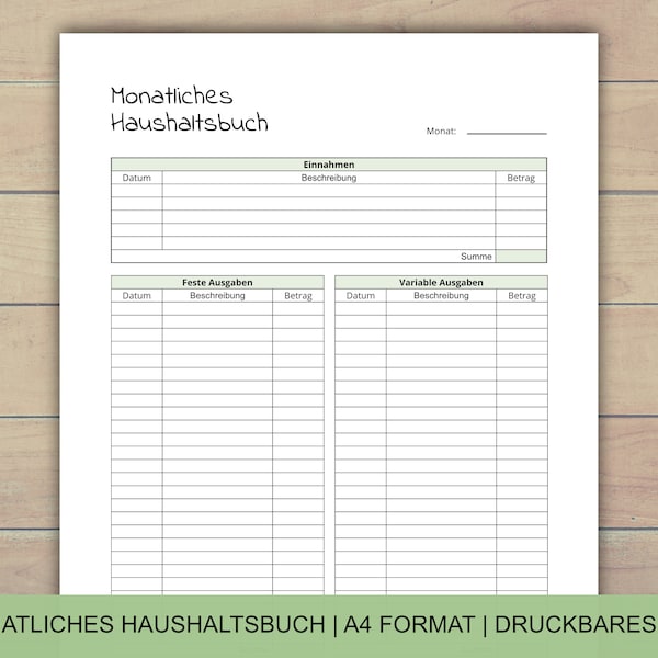 Monatliches Haushaltsbuch, PDF A4 Format, Haushaltsplan für Einnahmen und Ausgaben