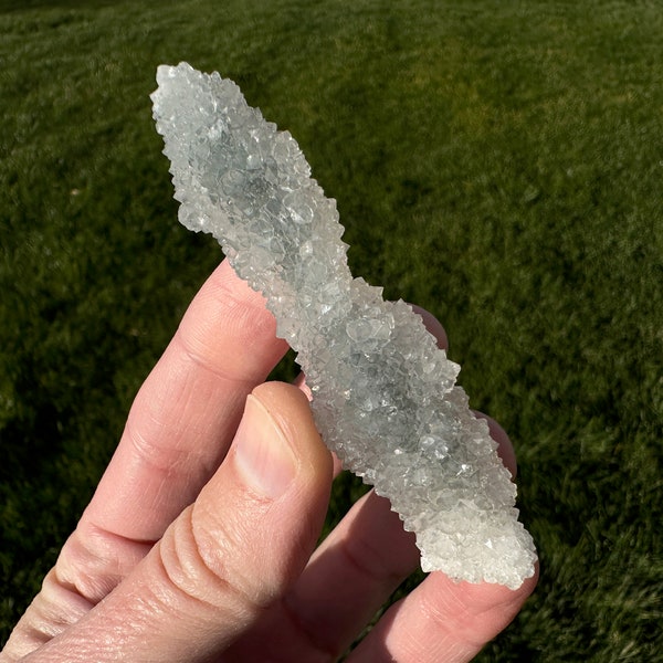 Clear Druzy Apophyllite on Blue Chalcedony Wand | Raw Natural Druzy Blue Chalcedony Crystal Cluster | Crystal Lover Gift