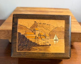 Vintage Cuendet Music Box, Carved Wood Lid, Lakeside Village Scene, Lara's Theme Melody