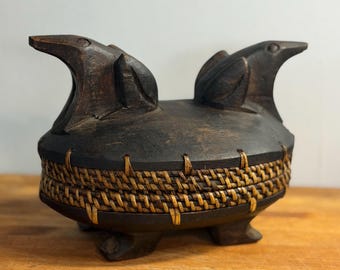 Vintage Carved Wood Box with Two Frog Figures, Woven Rattan Band, Lidded Trinket Box