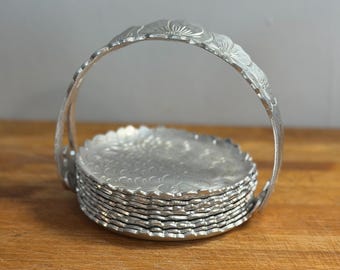 Vintage Continental Silver Co Engraved Aluminum Coasters Set Wild Rose Pattern