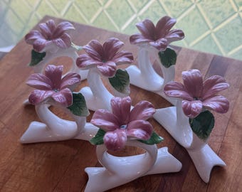 Vintage Porcelain Pink Flower Napkin Rings, Set of 6, Ribbon Base
