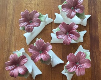 Vintage Porcelain Pink Flower Napkin Rings, Set of 6, Ribbon Base