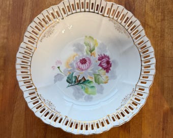 Vintage UCAGCO China Reticulated Bowl, Hand-Painted Floral, Gold Accents, Occupied Japan Era