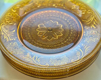 Vintage Amber Indiana Glass Sandwich Pattern Plates, Set of 4