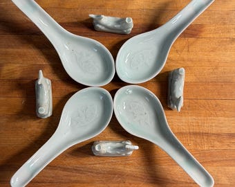Vintage Celadon Koi Soup Spoon Set, 4 Spoons and 4 Fish-Shaped Rests