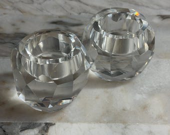 Vintage Oleg Cassini "Cut Ball" Crystal Votive Candle Holders, Pair, Faceted Design