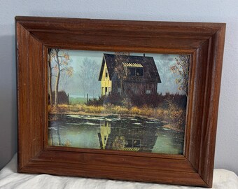 Vintage 1979 Farmhouse Print, Kaplan Litho, Autumn Pond Reflection, Framed Wall Art