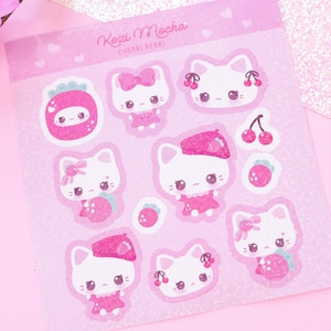 linda hoja de pegatinas de brillo de gato / pegatinas kawaii / pegatinas de brillo / pegatinas de fresa / hoja de pegatinas / lindas pegatinas del planificador