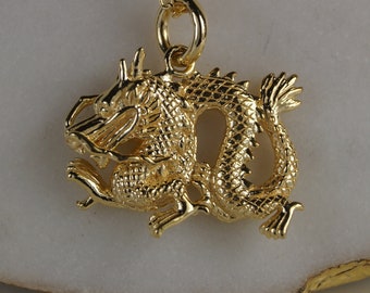 Gold Vermeil Dragon Pendant Necklace, Chinese Dragon.