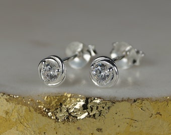 Diamond Stud Earrings, Simulated Diamond Earrings, Sterling Silver, Cubic Zirconia Earrings, Round Patterned Stud Silver Ear Rings.