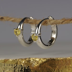 Yellow Topaz Hoop Earrings, November Birthstone Yellow Topaz Earrings, Sterling Silver Huggie Earrings, Yellow Cubic Zirconia.