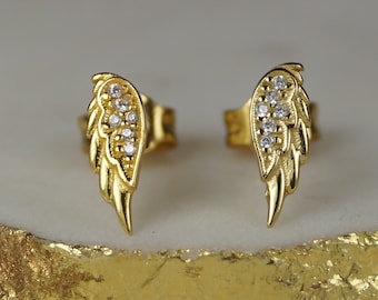 Angel Wing Earrings, Gold Vermeil Angel Wing Stud Earrings, Cubic Zirconia Sterling Silver Wing Earrings, Angel Earrings, Wing Ear Rings.