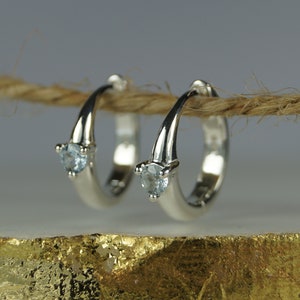 Blue Aquamarine Hoop Earrings, Sterling Silver Huggie Earrings, March Aquamarine Earrings, Blue Cubic Zirconia.