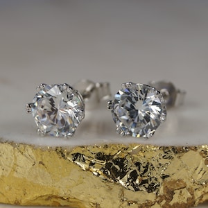 Large Silver Stud Earrings, Simulated Diamond Earrings, 8mm Cubic Zirconia Sterling Silver Earrings.