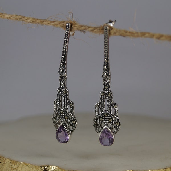 GEM-inside 11x22mm Rectangle Marcasite Earrings - Tibetan Silver Boho Jewelry - View #12