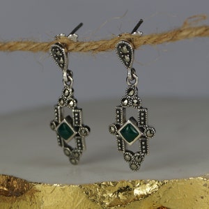 Marcasite Earrings, Art Deco Earrings, Sterling Silver Drop Earrings, Silver Dangle Earrings, Green Agate & Marcasite Earrings, Ear Rings