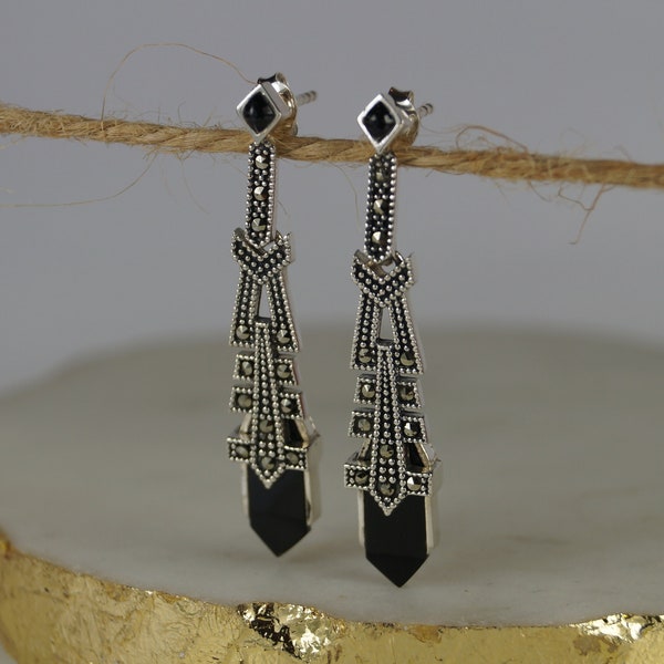 Large Marcasite and Sterling Silver Art Deco Earrings, 42mm Marcasite Dangle Earrings, Onyx and Marcasite Earrings.