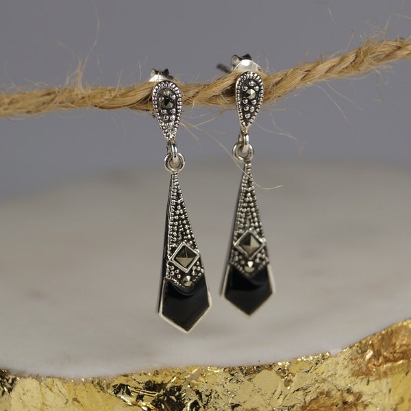 Sterling Silver and Marcasite Art Deco Earrings, 29mm Silver Drop Earrings, Black Agate and Marcasite Earrings.