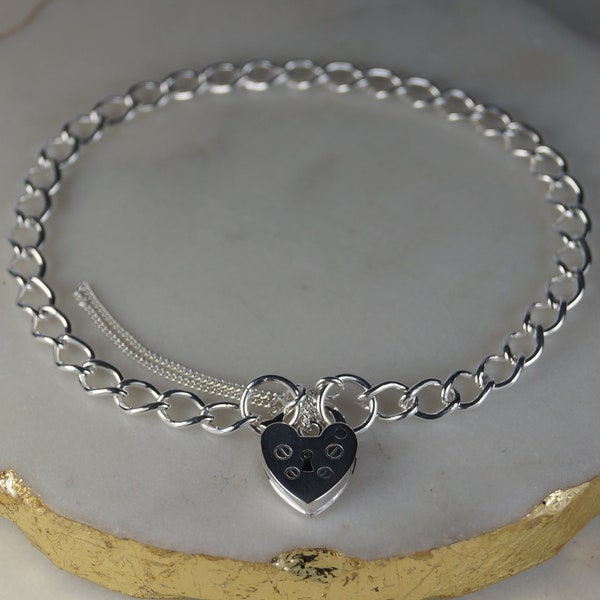 Sterling Silver Charm Bracelet, Heart Padlock Charm Bracelet, Silver Charm Bracelet with Safety Chain, Silver Bracelet.