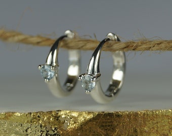 Sterling Silver Huggie Earrings, March Aquamarine Cubic Zirconia