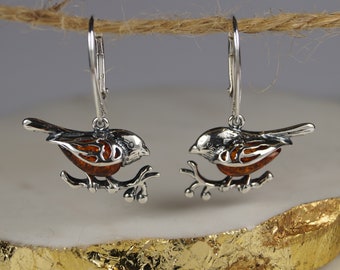 Sterling Silver and Amber Bird Earrings, Amber Dangle Earrings, Silver Dangle Earrings, Bird Earrings.