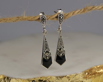 Sterling Silver and Marcasite Art Deco Earrings, 29mm Silver Drop Earrings, Black Agate and Marcasite Earrings.