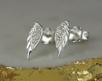 Sterling Silver Angel Wing Stud Earrings, Sterling Silver Angel Earrings, Angel Wing Stud Earrings, Cubic Zirconia Wing Earrings.