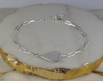 Sterling Silver Heart Bracelet, Adjustable Paper Clip Chain